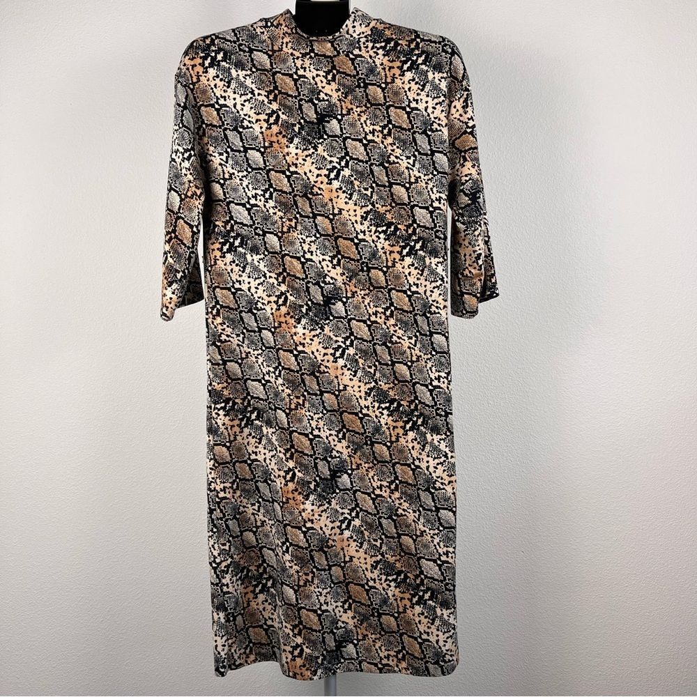 Zara Snake Print Midi Dress Womens S Mock Neck Bodycon Animal Print Y2K